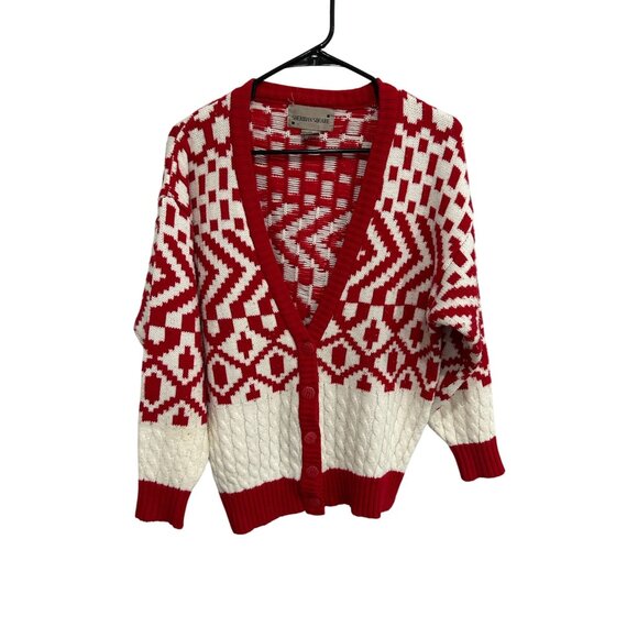 Vintage Sheridan Square Red White Geometric Cardigan Sweater SZ Medium - Picture 1 of 10